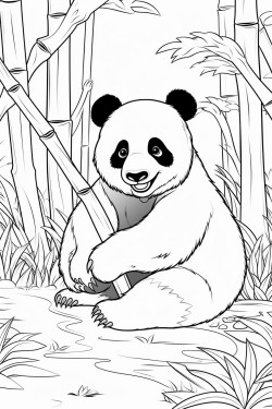a giant panda sitting on the ground munching on bamboo stalks in a forest with bamboo trees in the background bold outline coloring book for kids coloring page