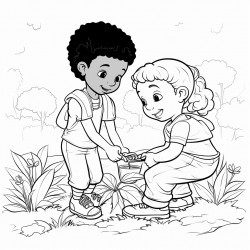 professional sketch drawing of african boy and a girl chlid caring  for plants in the forest for a coloring page