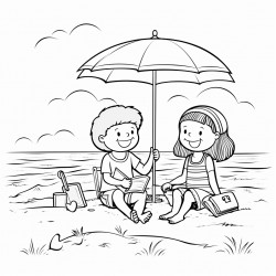 kids at the beach with their supplies by their chair under a umbrella
