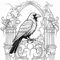 a crow sitting on a gothic gate surrounded by swirling fog