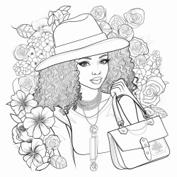 african american woman in fall clothes with pocketbook hat jewelry and makeup with floral background coloring page