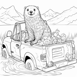 sea otter riding in the back of a pickup truck