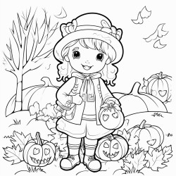 children coloring page autumn themed with scarecrow pumpkins and apples