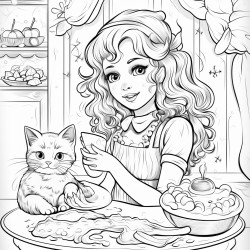 i want to color a silly picture of a sweet girl baking cookies with her cat she lives on a river