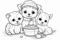Cute bear cute dog cute cat looking at kittens who are eating ice cream
