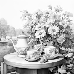 tea service on cafe table flowers and tall grasses in background tree on side