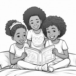 3 little afrolatina girls ages 2 4 and 5 smiling while reading a book on a bed