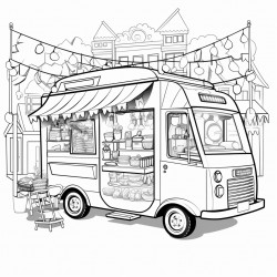 food truck market with multicultural theme and festoon lights