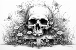 tombstone aged with raven cross lily of the valley skull
