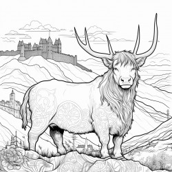 scotland include edinburgh castle a bagpiper  a scotch whisky bottle  a highland cow  the flag of scotland