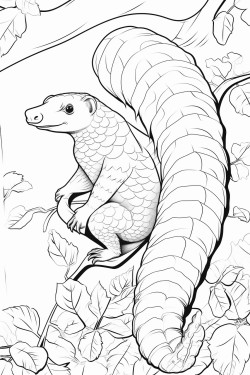 sunda pangolin climbing a tree in a forest its long tail wrapped around a branch with vines and leaves in the background