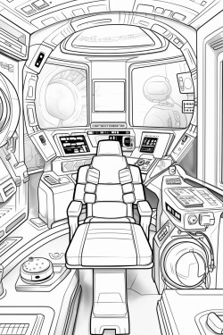 futuristic cabin of a spaceship in space with screens with a helm and with a bed
