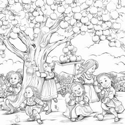 a diverse group of happy fairies pick magical fruits in an orchard on a sunny day with pleasant breeze