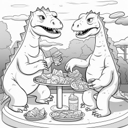 dinosaurs and llamas eating hotdogs