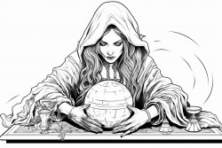 an evil witch reading her crystal ball