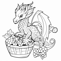 oriental dragon with a  basket of grapes plumes and blackberries