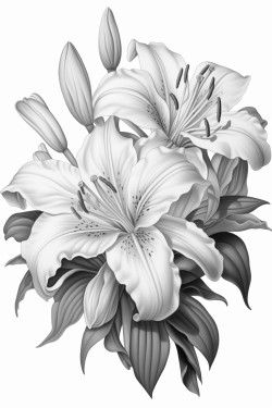 3 lilies  with intricate pattern inside of it no color no shading thick line outline art