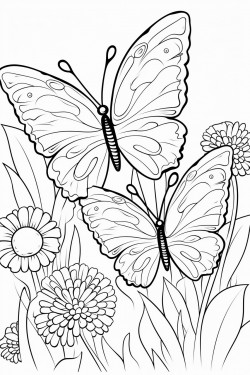 please draw a coloring page in a simple style with cute cartoonstyle  butterflies flying on magical flowers
