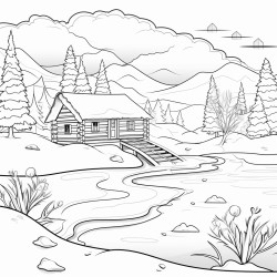 peaceful winter scene featuring a log cabin by a frozen lake