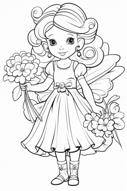 a friendly flower fairy with a large flower in her hand leave enough space between the lines for coloring noshadows
