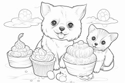 Cute bear cute dog cute cat looking at kittens who are eating ice cream