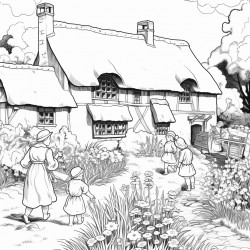 mother with 5 children weeding a garden in an old english countryside next to cobbled cottage with thatched roof