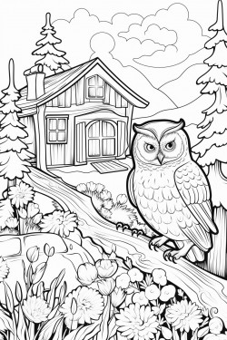switzerland landscape with a quaint stone house surrounded by flowers and a cypress tree a owl on a tree branch