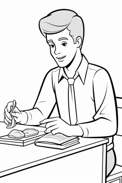 a man sitting at a table and taking a bite from a book as if its a sandwich
