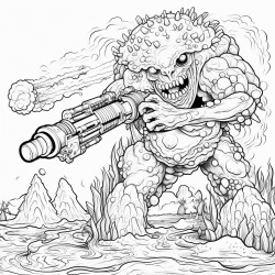 a monster made of lava shooting a lava minigun