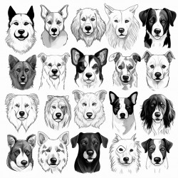 create a differest types of dog coloring pages with differest types of emotion of face