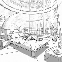 futuristic space bedroom with glass ceiling and boy in bed