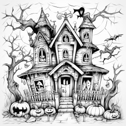a haunted house and spooky halloween things in a storm and letters spelling happy stormoween