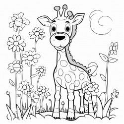 giraffe in a garden with flowers