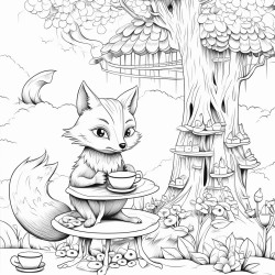 a cartoon cat in a fairytale forest chatting over a cup of tea with a fox