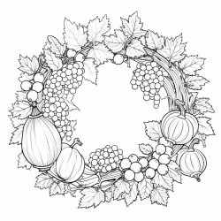 create a blackandwhite coloring page featuring an autumninspired wreath with leaves pumpkins berries and acorns arrange the elements in a loose semicircle format leaving gaps so the wreath does not fully close each item should have clear