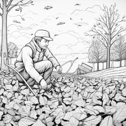 create a blackandwhite coloring page showing someone raking leaves into piles the leaves should have bold outlines and varied shapes with some in piles and others scattered around keep the rake and person simple yet clear with large spaces