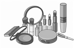 makeup items including a blush compact perfume bottle eyeshadow palette lipstick mascara and makeup brushes