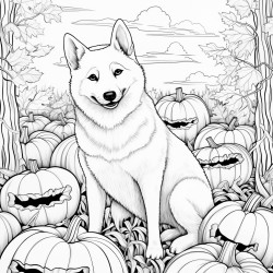 shiba inu in a pumpkin patch