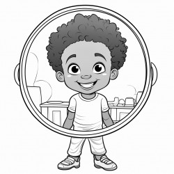 a cheerful illustration of a black child holding a mirror and smiling at their reflection