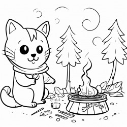 a cat cooking in a forest