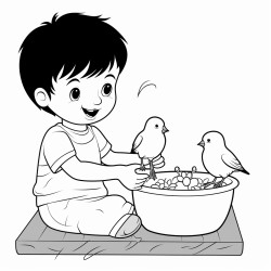 a cute feeding the birds  coloring bookvector white background black and white black drawing