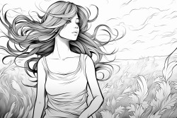 women walking in the grass smoking having her back shown and wind blowing her hair