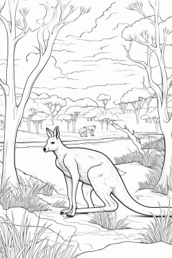 austrlian scene with gum trees and kangaroo