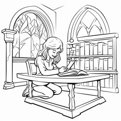 a girl studing theology in a library under a table
