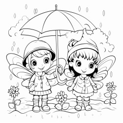 kids playin in garden wearing raincoats with fairies