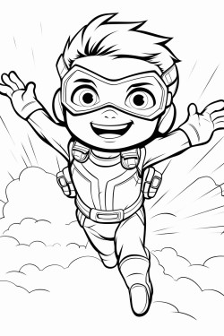 super power kid flying in the sky looking at me and smiling with his friend next to him as a flying masked otter