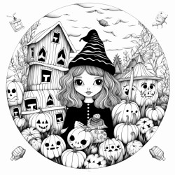 a coloring page doodle style for the spooky season for the girls with a cozy vibe