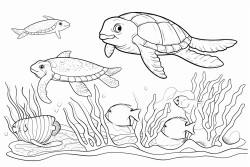 a baby sea turtle an octopus 5 fish and a shark on a coral reef
