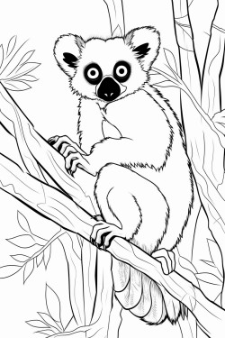 an indri lemur clinging to a tree trunk in the rainforest with smaller trees and birds in the background
