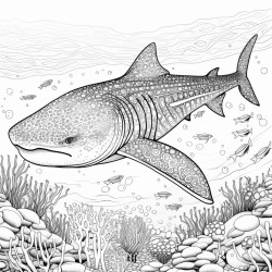 a serena whale shark amidst vibrant patterns inside of it coloring book no color no shading medium line ultra detailed